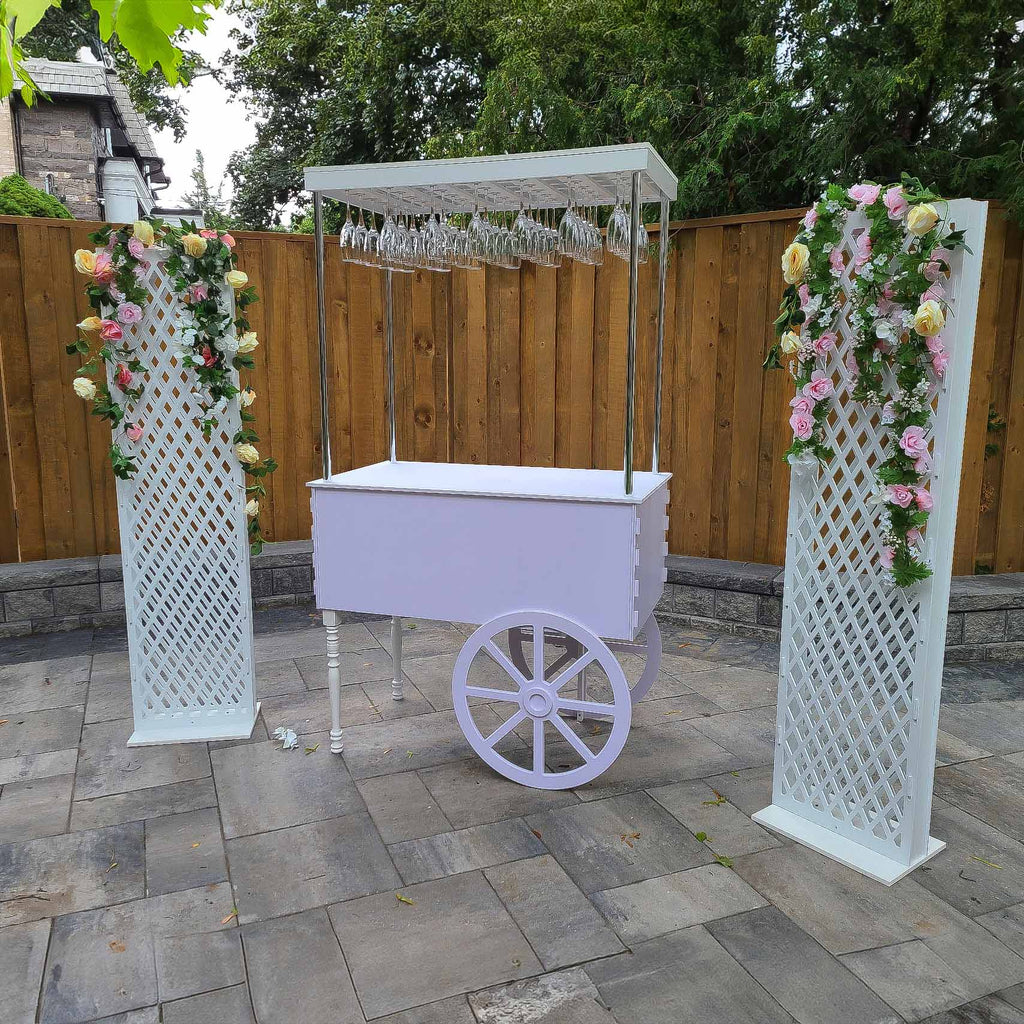 candy carts for sale, Mobile bar cart, drink cart, party decor, wedding decorations, champagne display, event bar, collapsible bar cart, white PVC bar cart, Toronto-made party supplies