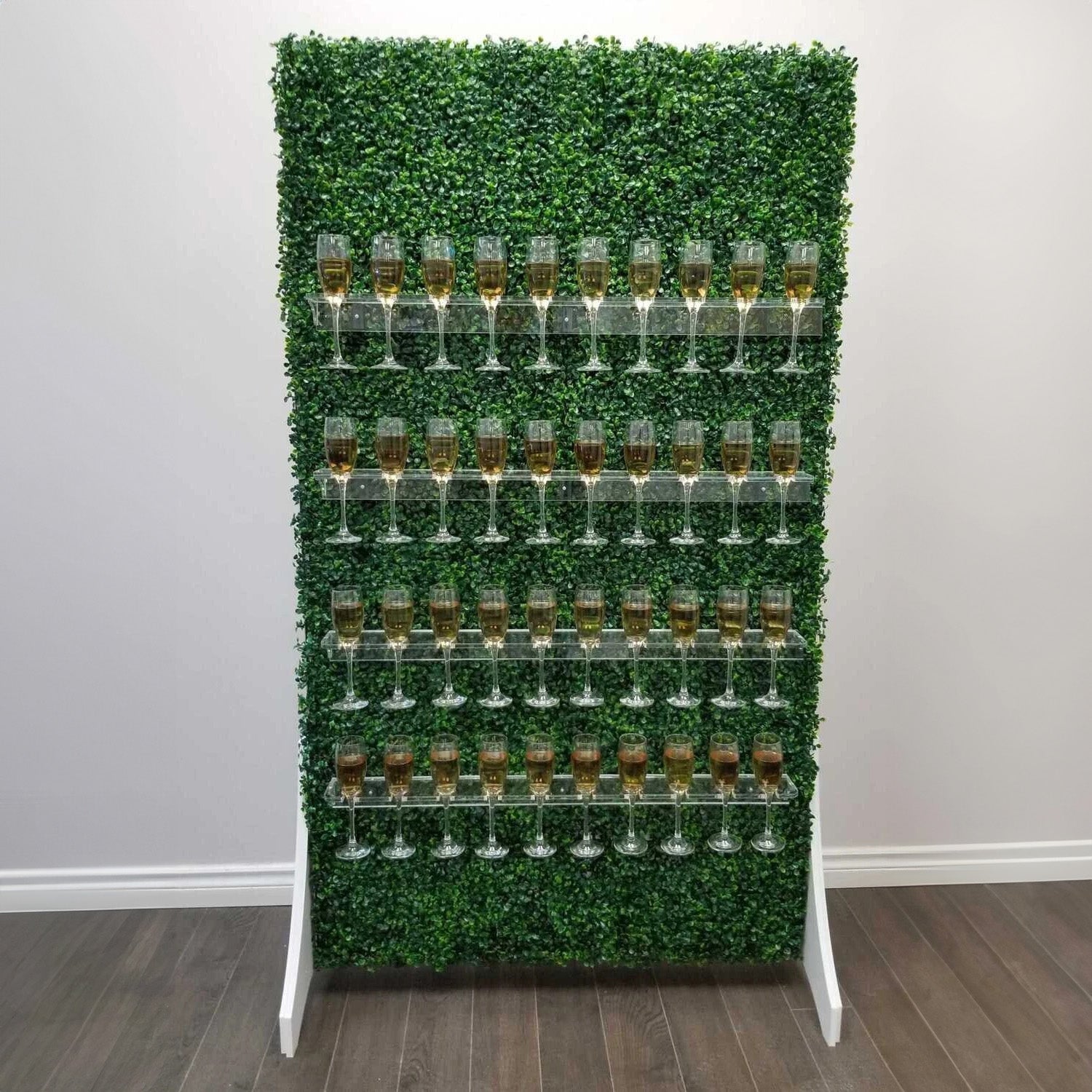 Elegante expositor de pared con 40 copas de champán y soporte para champán de 4 niveles