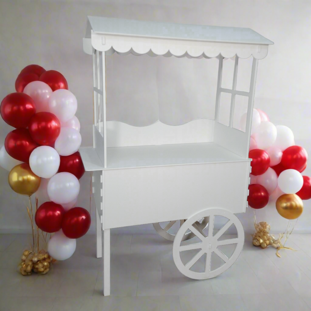 white balloon cart, White desert cart, white party cart, white candy cart, candy cart with shelf, party display cart, wedding display cart