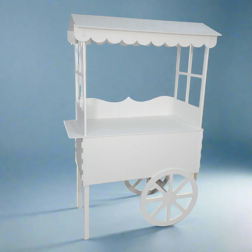 White desert cart, white party cart, white candy cart, candy cart with shelf, party display cart, wedding display cart