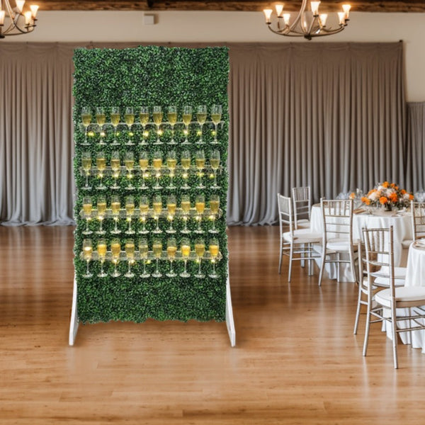 Grass wall champagne wall, drink holder for bridal showers and weddings, champagne wall for birthdays, grass wall backdrop with drink holders image.