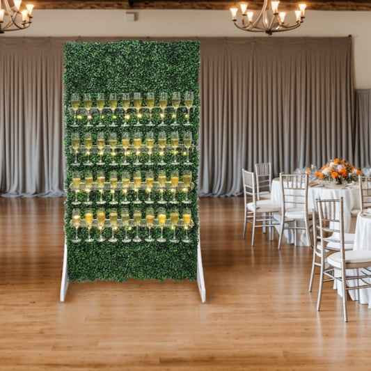 Grass wall champagne wall, drink holder for bridal showers and weddings, champagne wall for birthdays, grass wall backdrop with drink holders image.