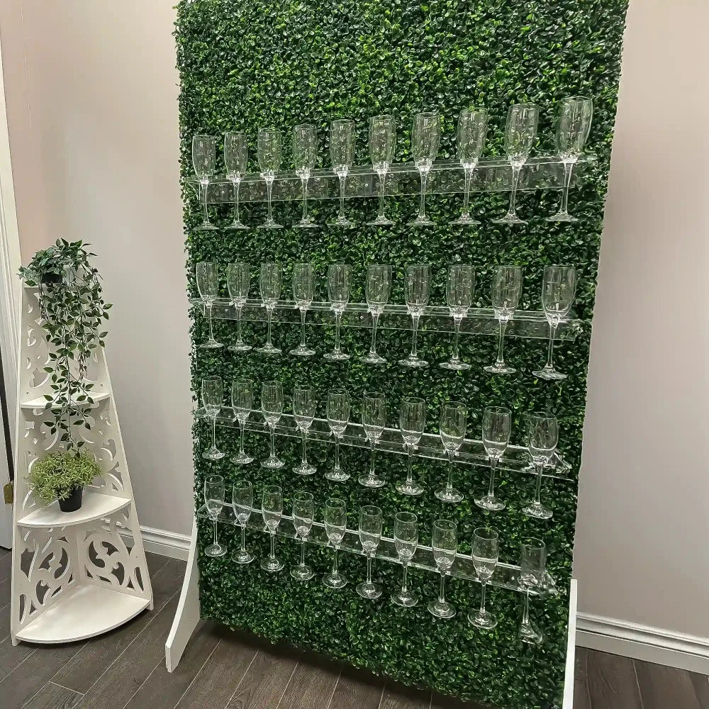 Grass wall champagne wall, drink holder for bridal showers and weddings, champagne wall for birthdays, grass wall backdrop with drink holders image.