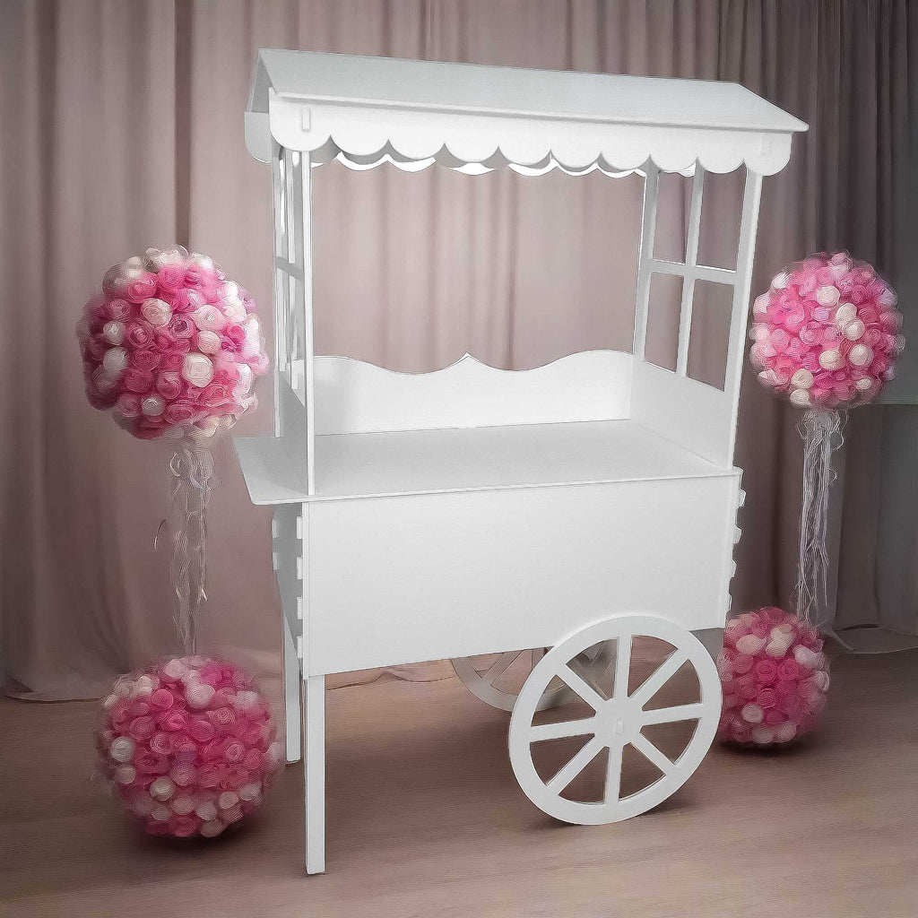 white party cart, white candy cart, candy cart with shelf, party display cart, wedding display cart