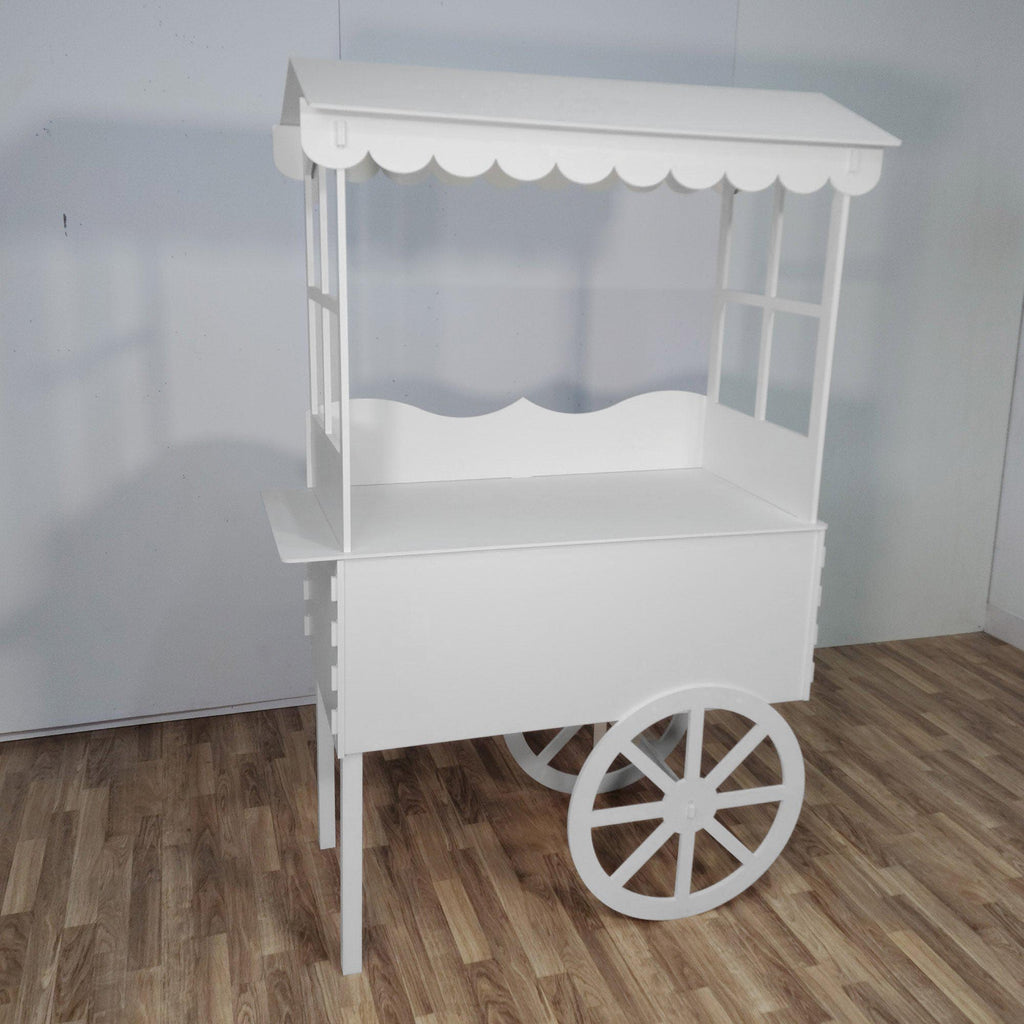 white party cart, white candy cart, candy cart with shelf, party display cart, wedding display cart