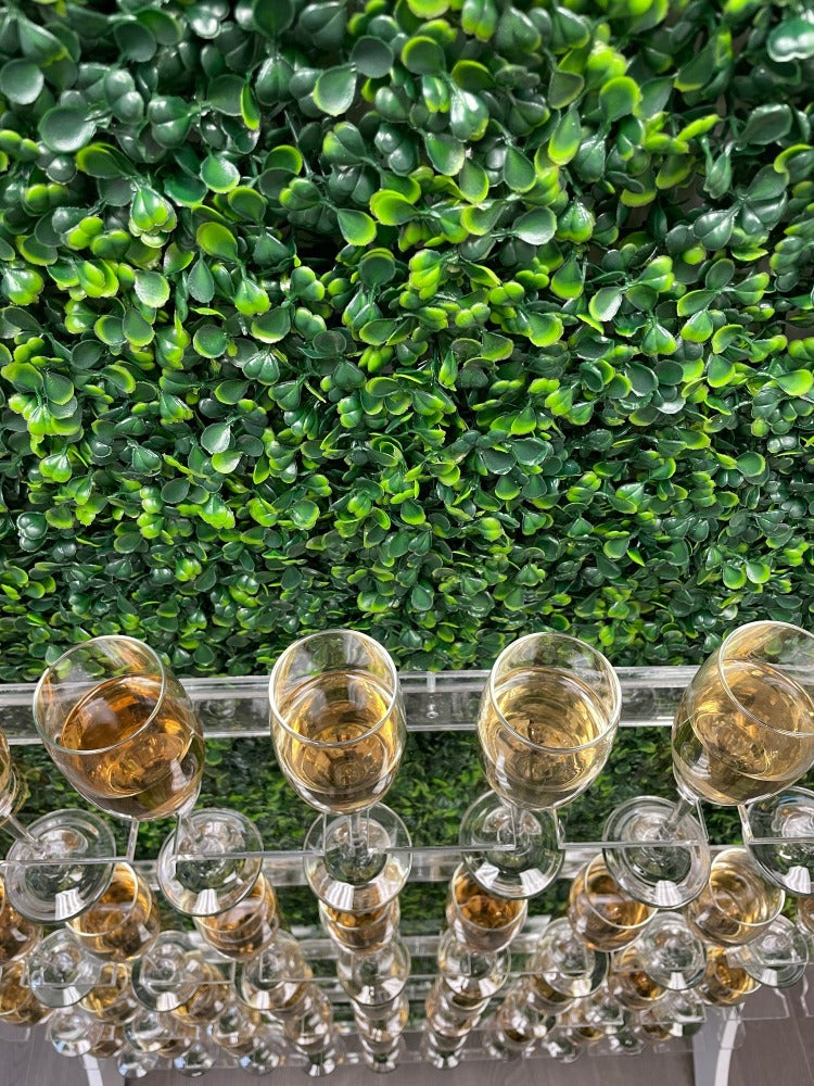 Grass wall champagne wall, drink holder for bridal showers and weddings, champagne wall for birthdays, grass wall backdrop with drink holders image.