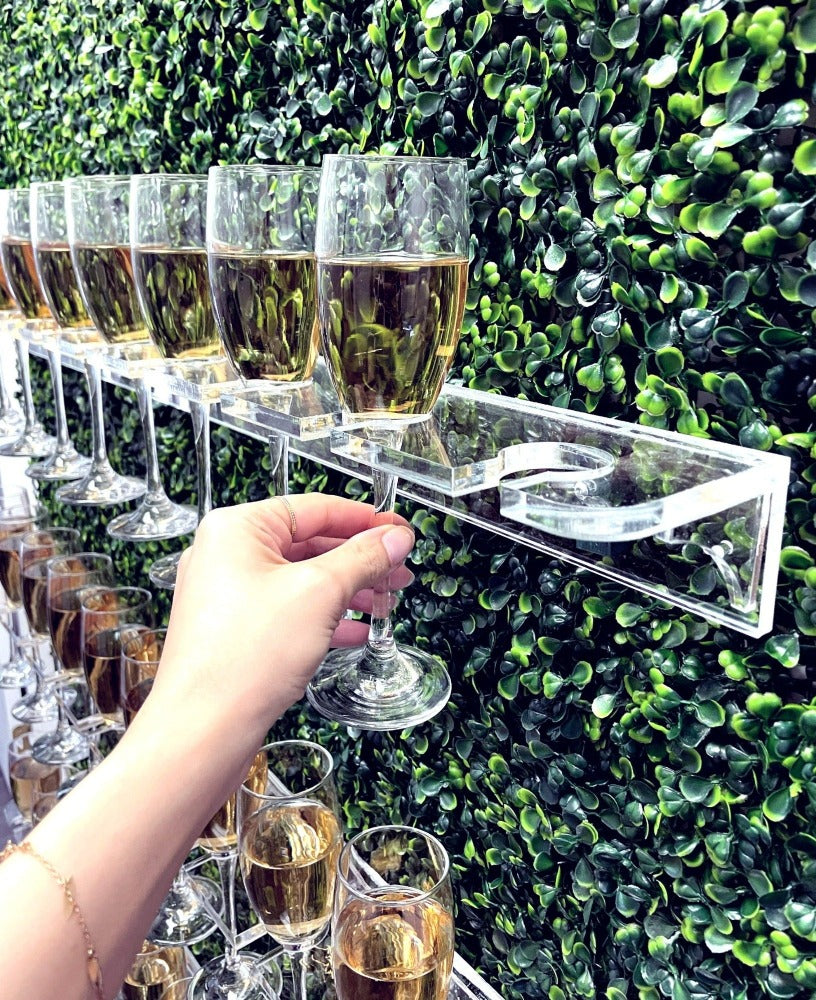 Grass wall champagne wall, drink holder for bridal showers and weddings, champagne wall for birthdays, grass wall backdrop with drink holders image.